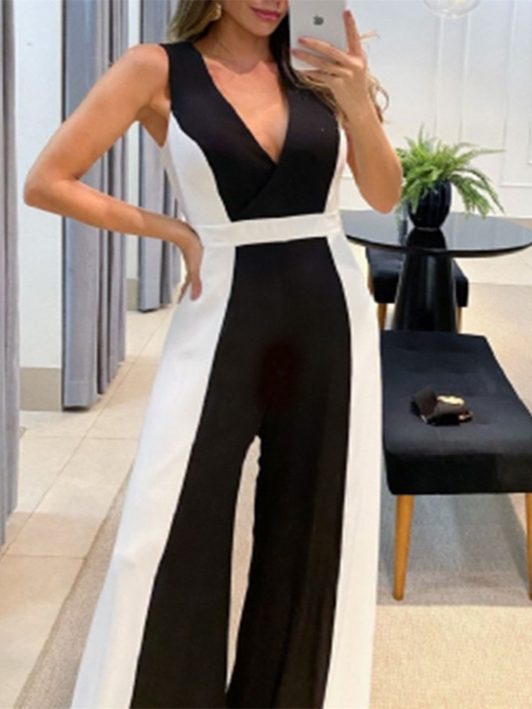 Women’s Sleeveless Color Matching Jumpsuit Without Belt