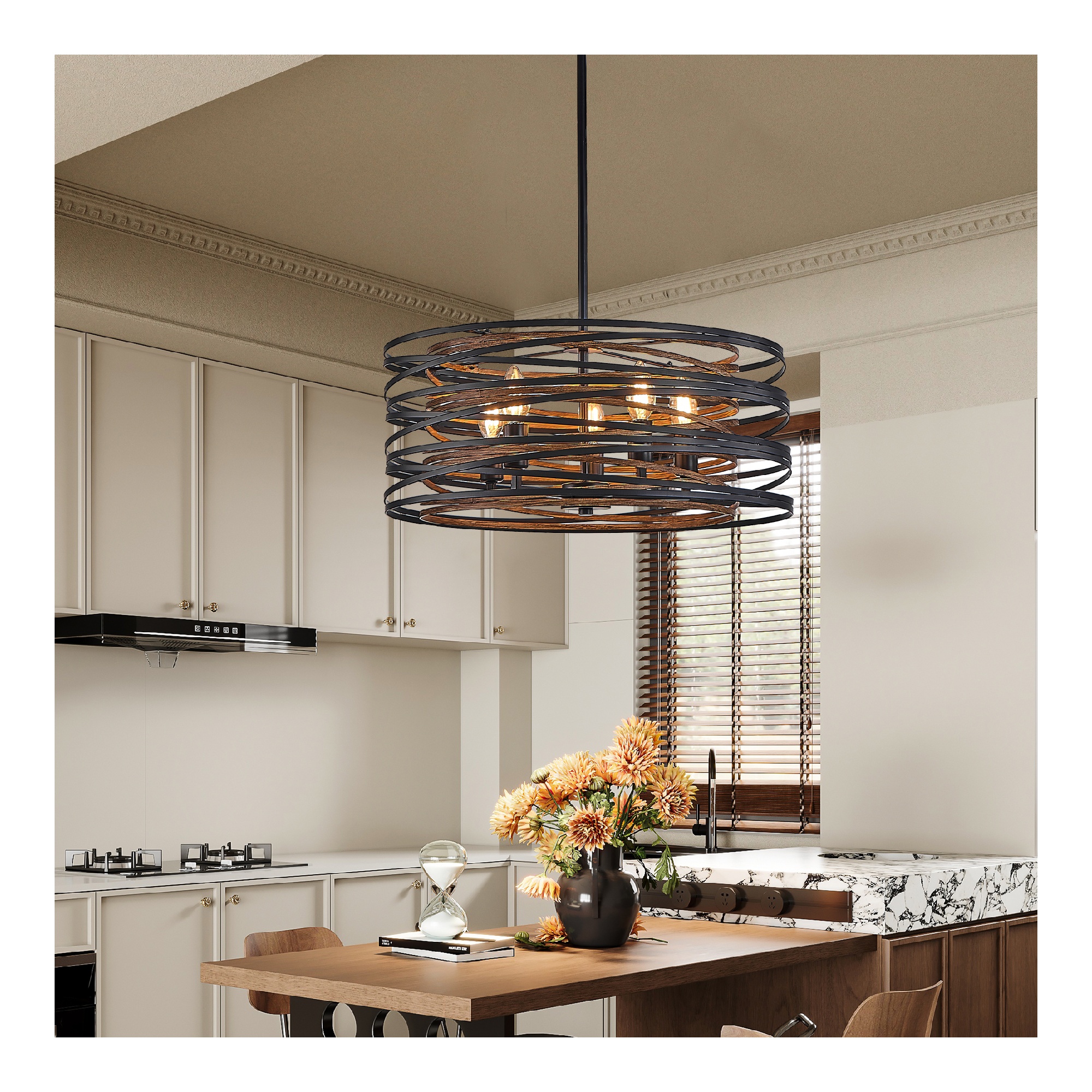 20 Rustic Industrial Pendant Light, 5-Light Black And Walnut Metal Cage Chandelier With Wood Accents For Kitchen Island And Dining Room No Bulbs