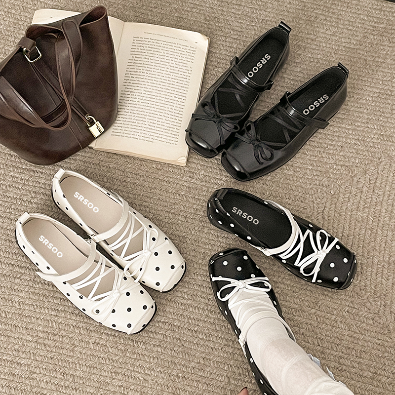 Women Bow Square Toe Polka Dot Platform Pumps, New Summer One-Strap Retro Versatile Mary Jane Shoes — view 5