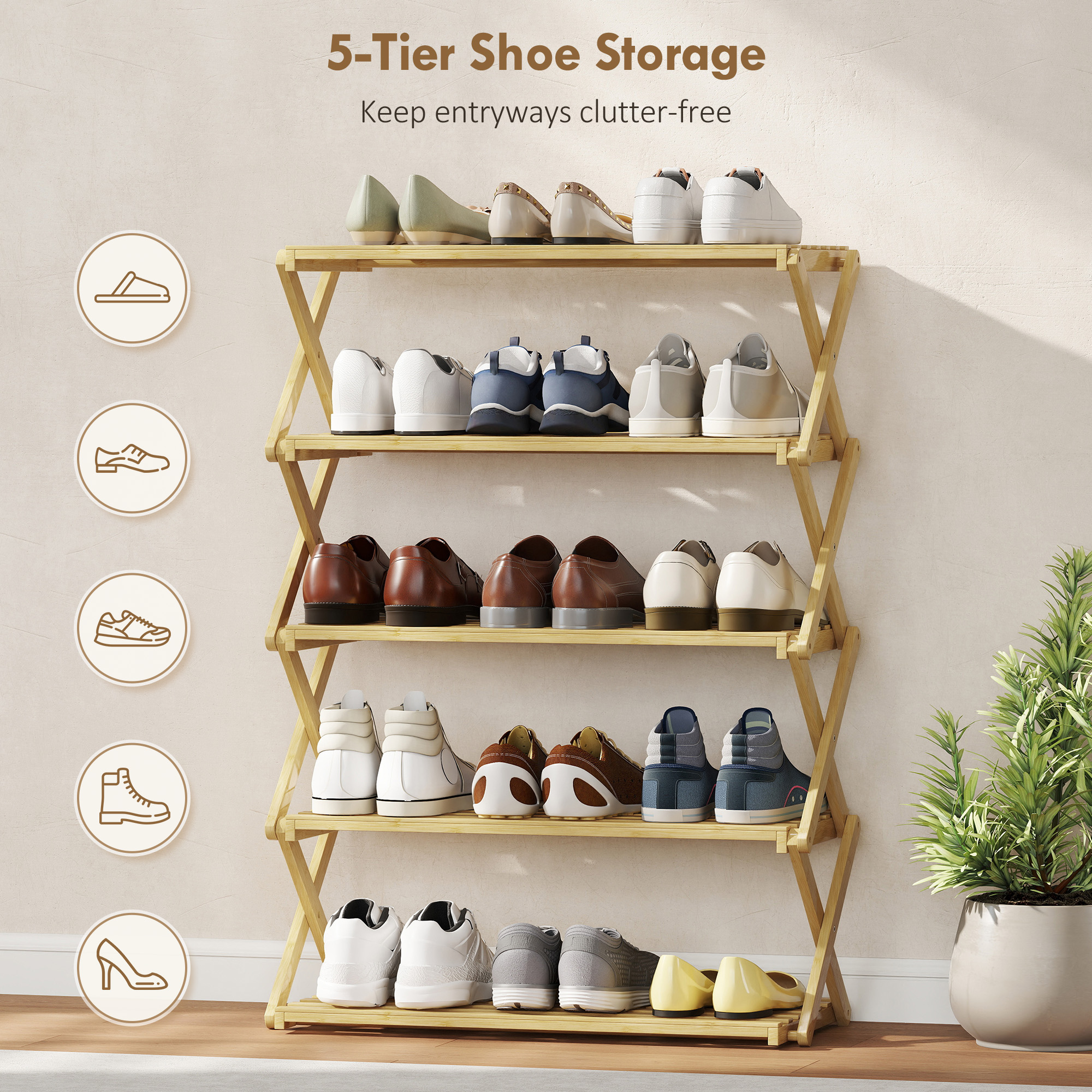 Three Layer Folding Bamboo Shoe Rack - Natural Color — image 12