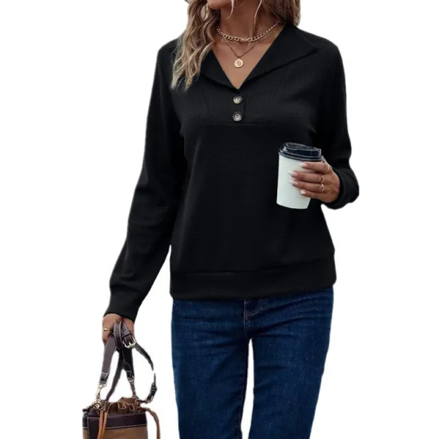 Casual Women's Waffle Collar Solid Single Breasted Long Sleeve Women Black - Shop at LoveMi