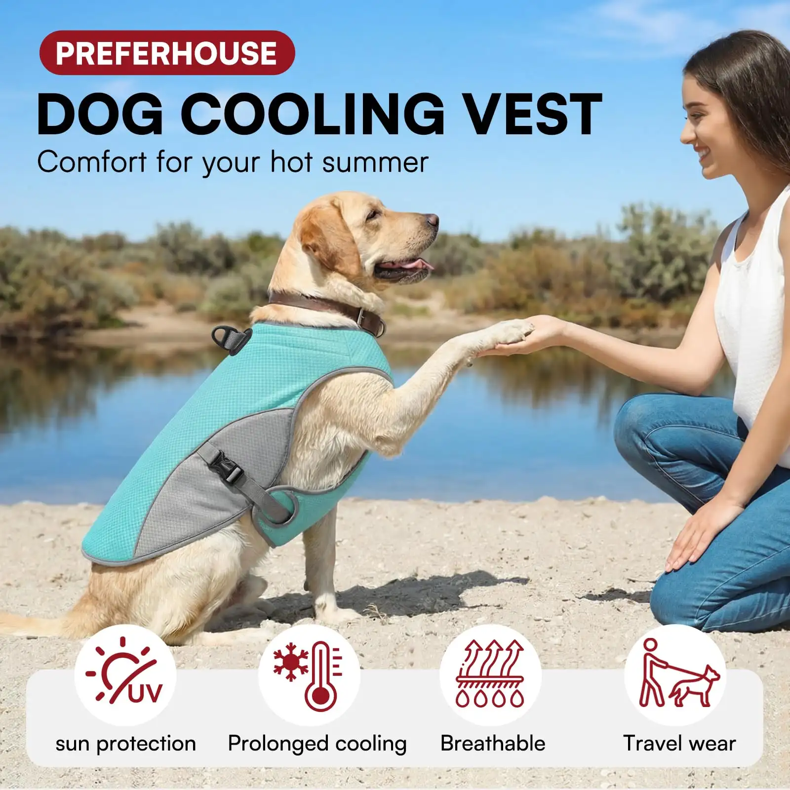Dog Cooling Jacket For Large Dogs, Pet Cooling Vest With Mesh And D Ring, Dog Reflective Stripe Cooler Jacket For Beach, Hiking, Walking