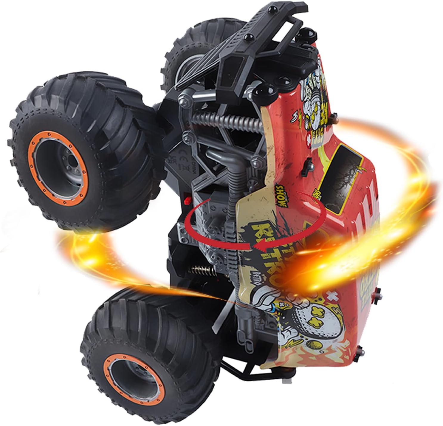 Off-Road Remote Control Monster Truck - Orange. High quality chassis and reinforced PVC graffiti shell. This hobby remote-controlled truck is made of environmentally friendly materials, with a very sturdy chassis and a durable body. It is also equipped wi