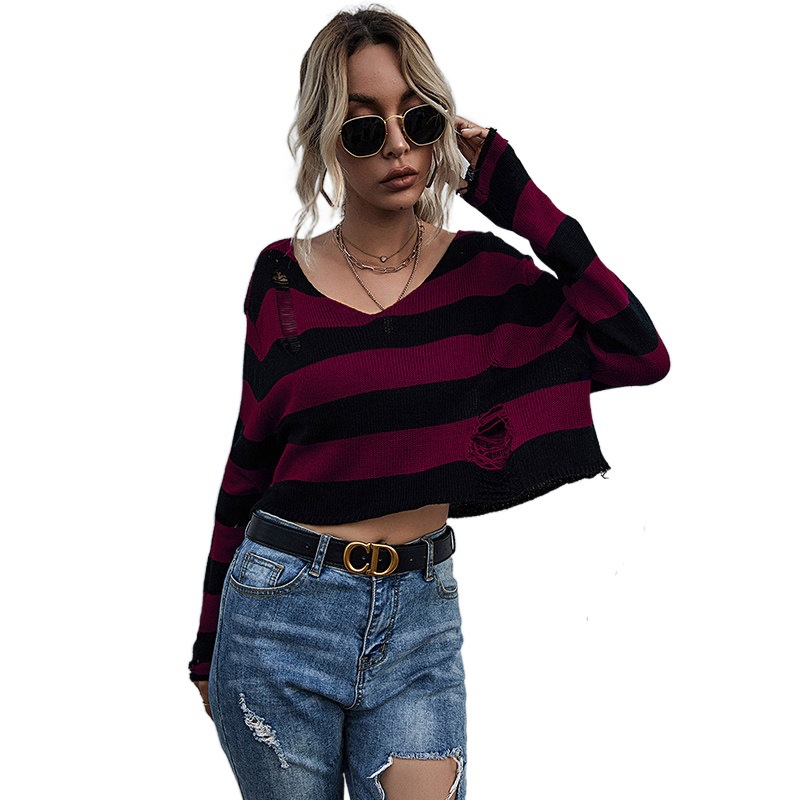 Title 6, New Big V-neck Striped Sweater Ripped Knit Swea...