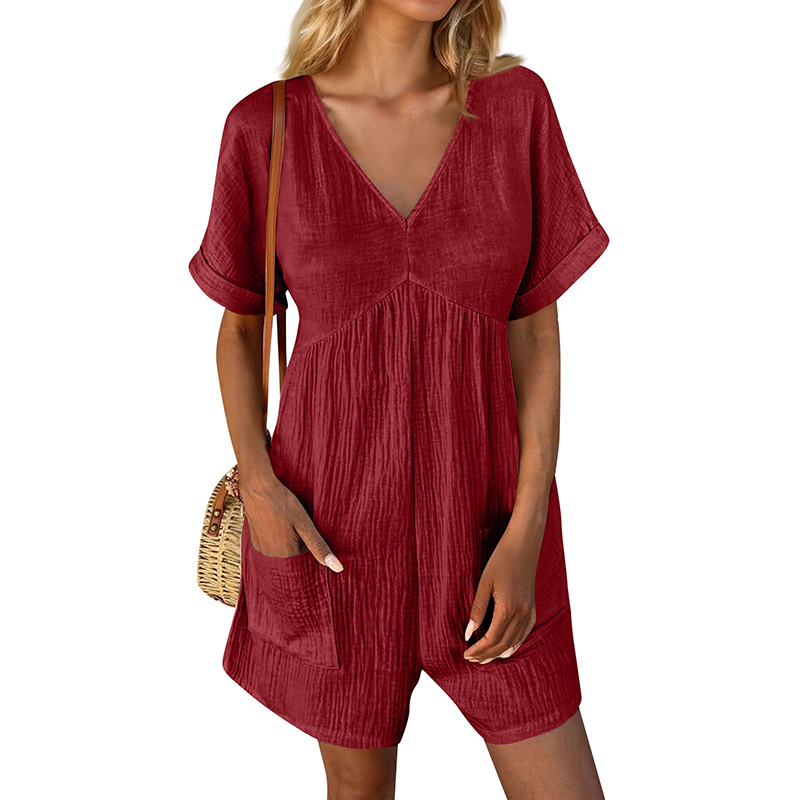 Damen Sommer Strampler Freizeit Kurzarm V-Ausschnitt Kurz Overalls mit Taschen - Bild 11 von 13