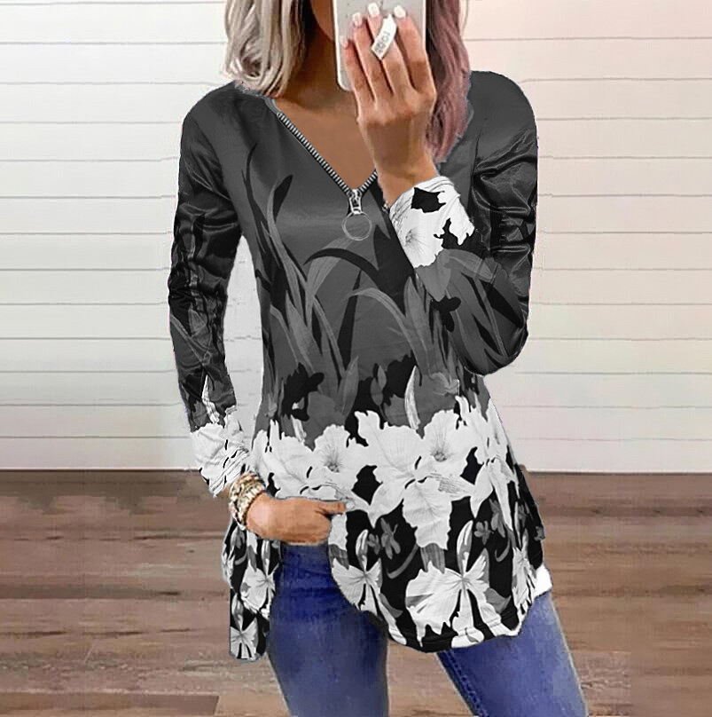 Title 6, Zipper Pullover Print Long Sleeved Loose T Shirt