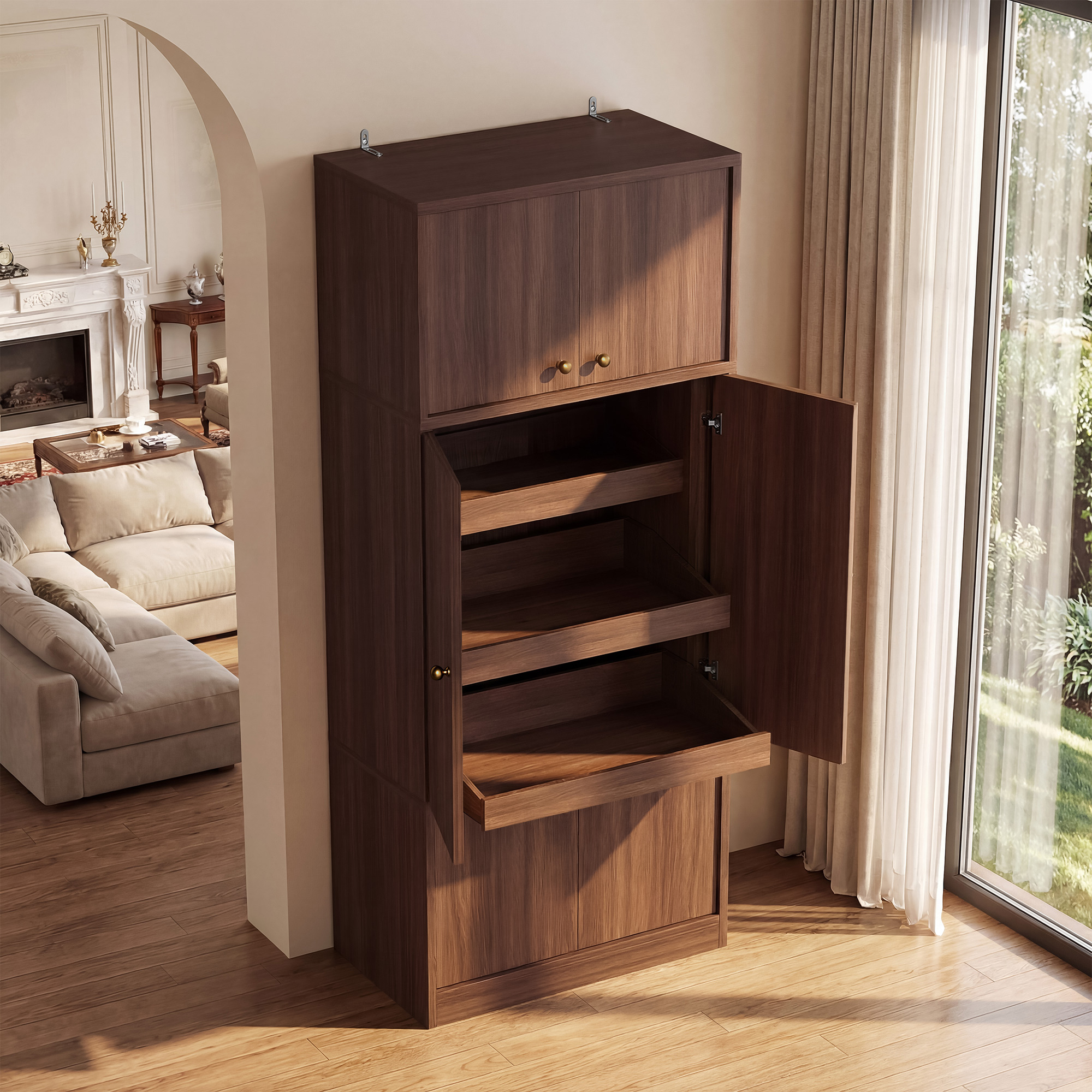 Tall Kitchen Pantry Cabinet 71 Inch Freestanding Storage Cabinet With Doors And Shelves, Adjustable Shelves, E1-Grade Wood, Walnut For Kitchen Pantry, Pantry Cabinets For Kitchen Storage