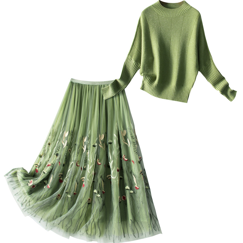 Title 3, Green Sweater Skirt Two-piece Knitted Set for W...