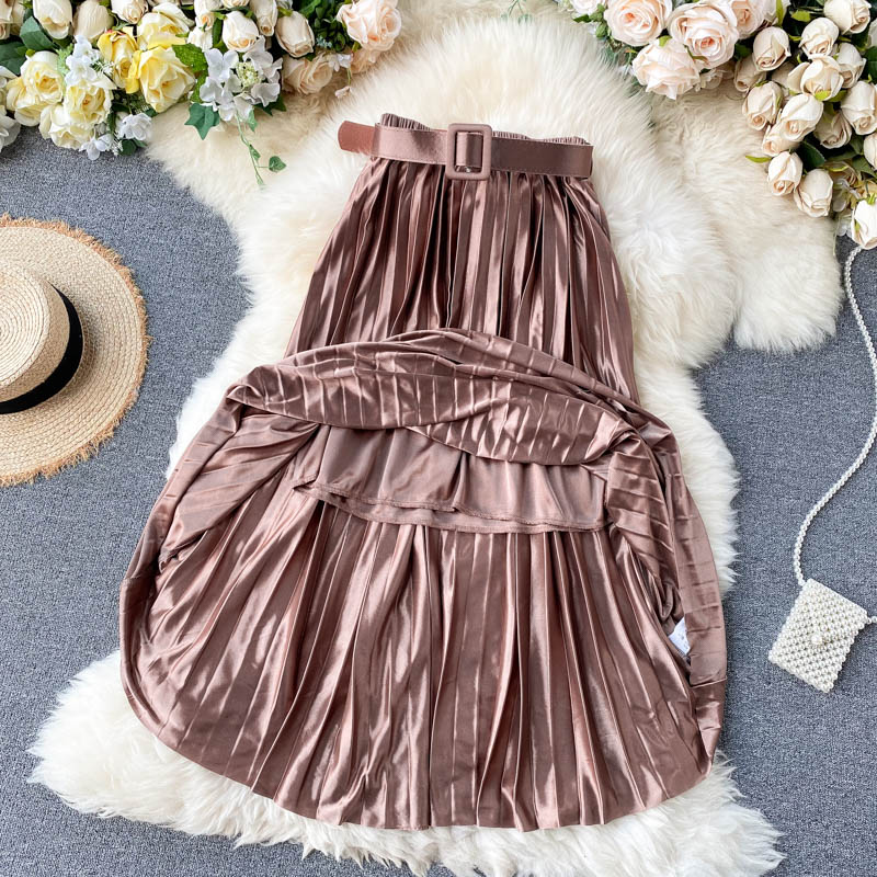 Metallic Shiny Pleated High Waist Thin Elastic Waist Skirt