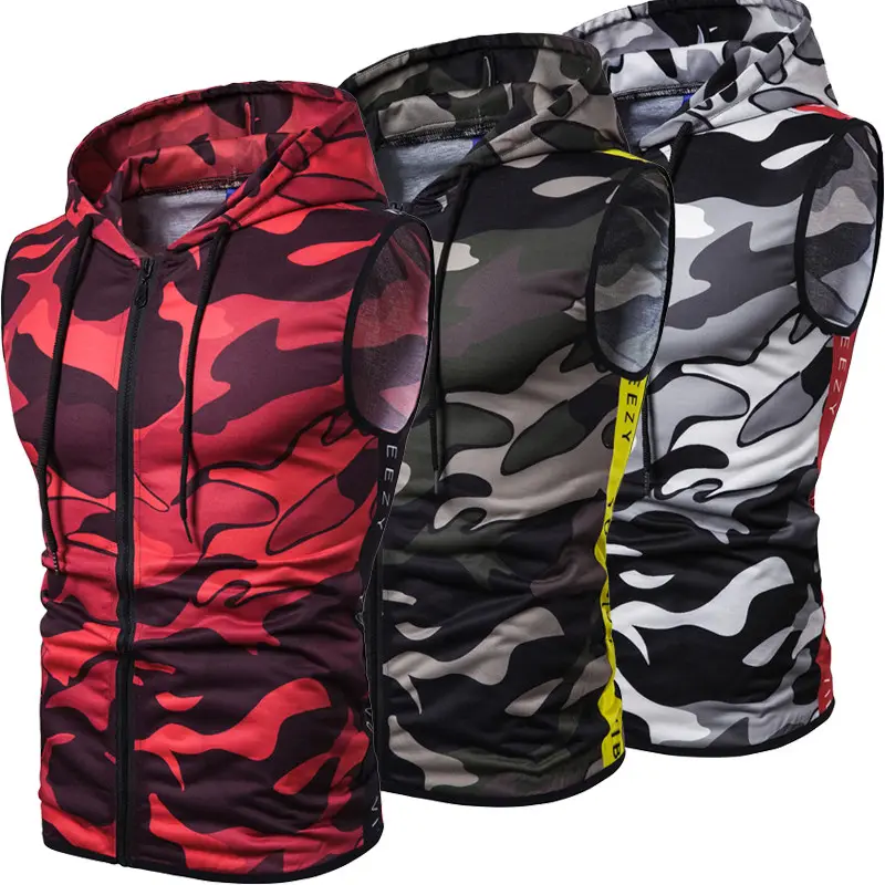Zipper Hooded Sleeveless Camouflage Printed Fitness Sports