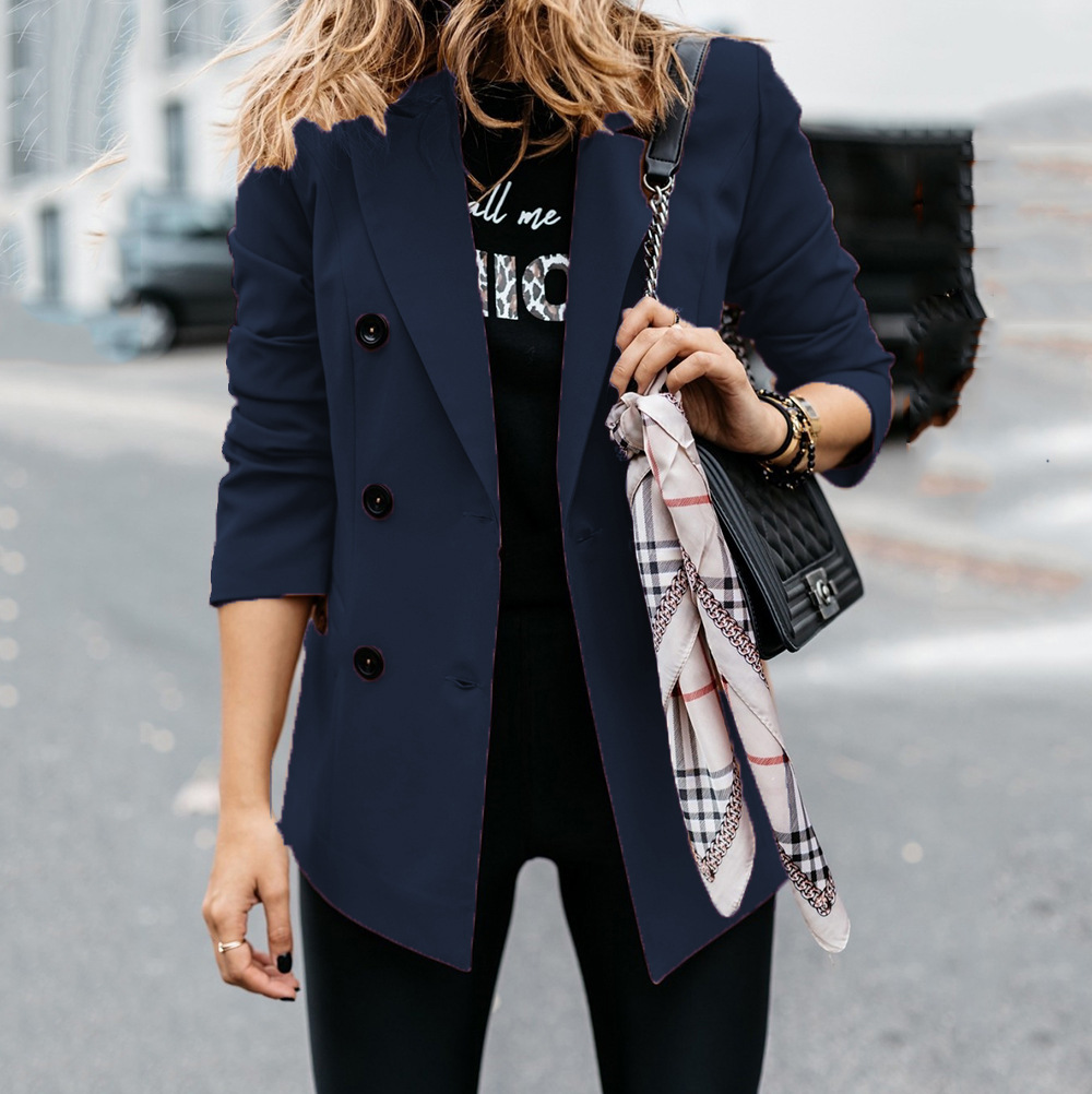 European And American Long sleeved Double breasted Button Blazer Navy - Shop at LoveMi