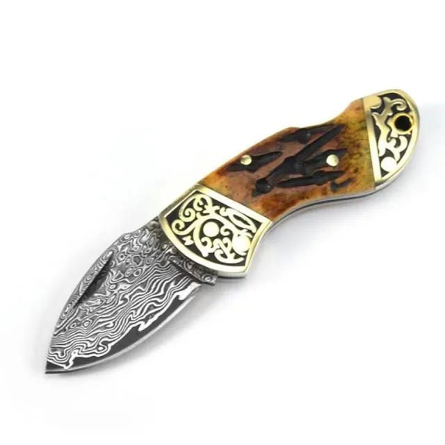 Brown Ox Bone Carved Pure Brass Handle Damascus Steel Folding Knife Yellow - Shop at LoveMi