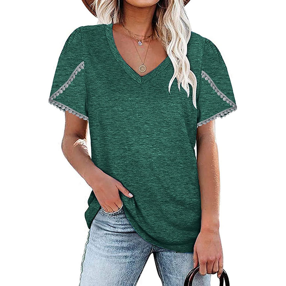 V-neck Lace Short-sleeved Shirt Loose Color Cotton Petal-sleeved T-shirt