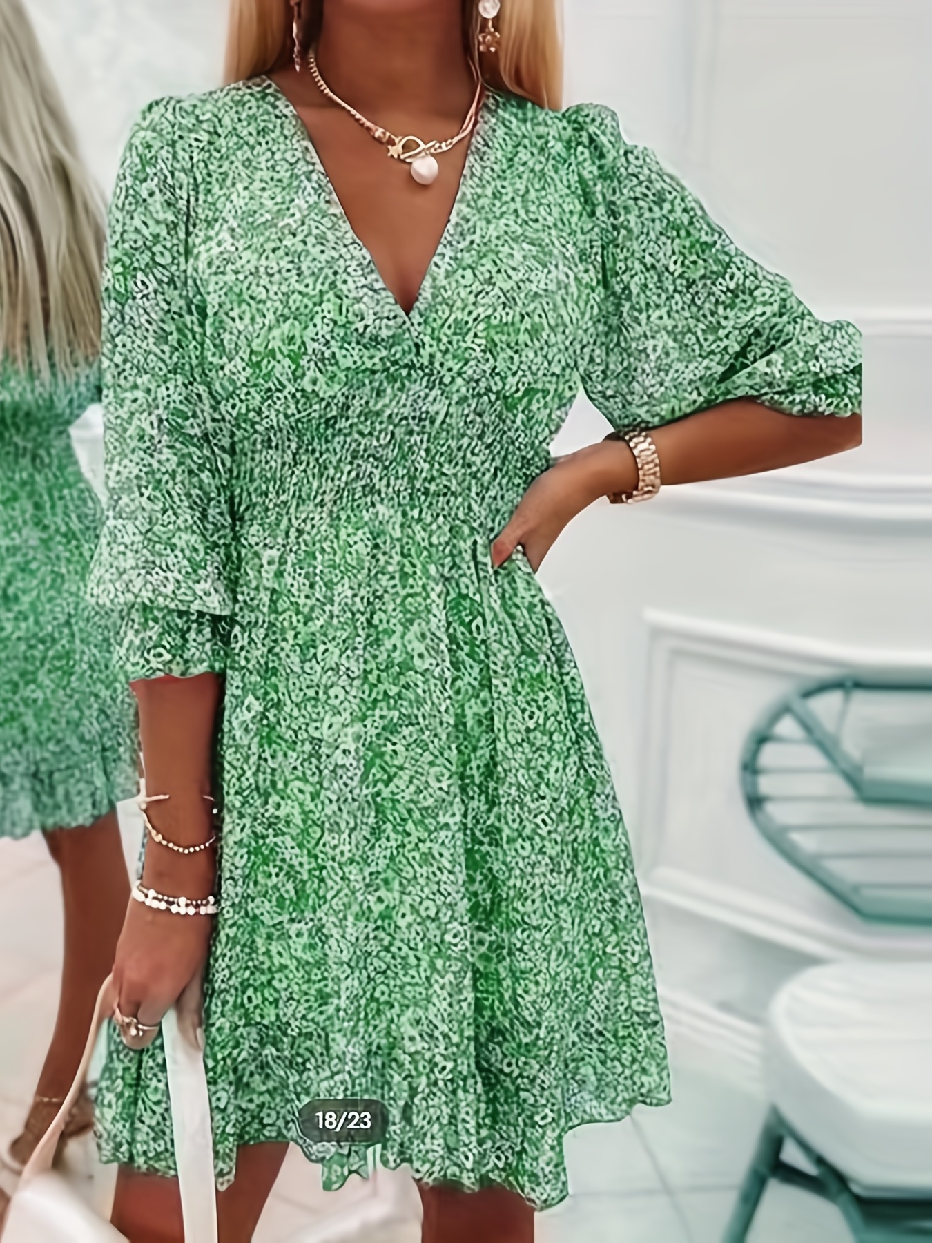 V-neck Printed Dress With Ruffled Sleeves And Waist-exquisite And Elegant Design - Picture 9 of 11