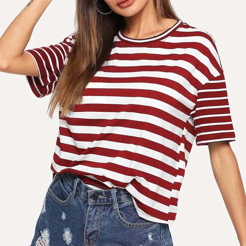 Women's Striped Paneled Loose Top - Red