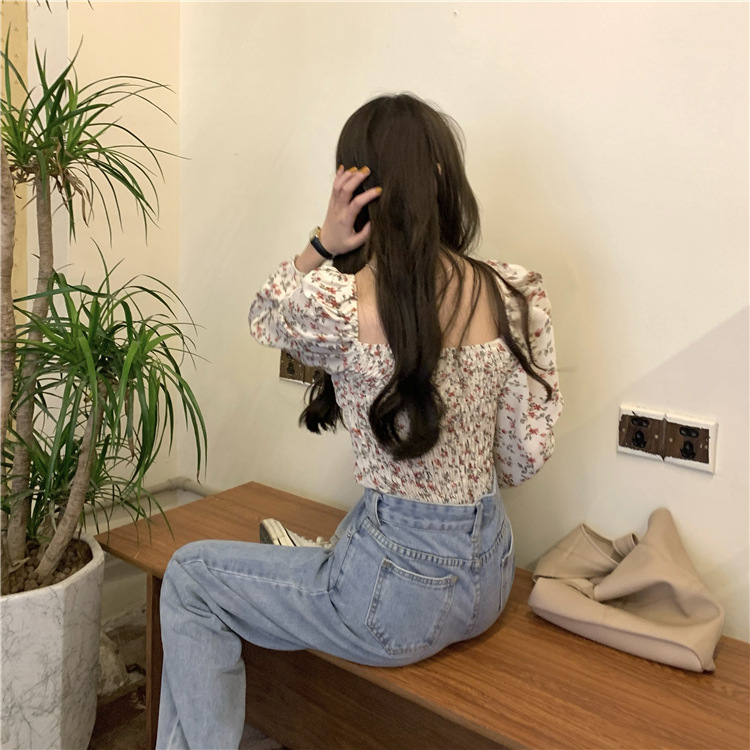 French Floral Square Neck Bubble Long-sleeved Shirt