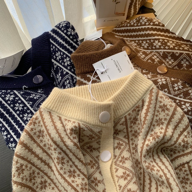 Retro Thick Jacquard Women's New Knitted Sweater Crew Neck