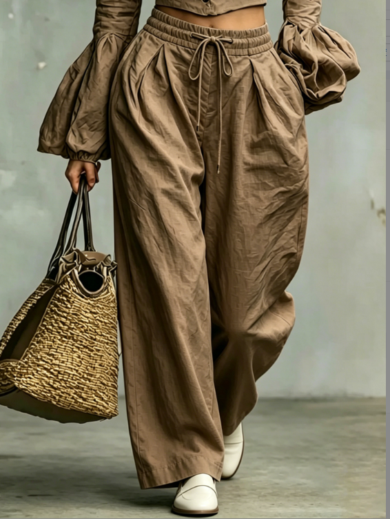 Coffee Colored Pleated Drawstring High Waisted Wide Leg Casual Pants