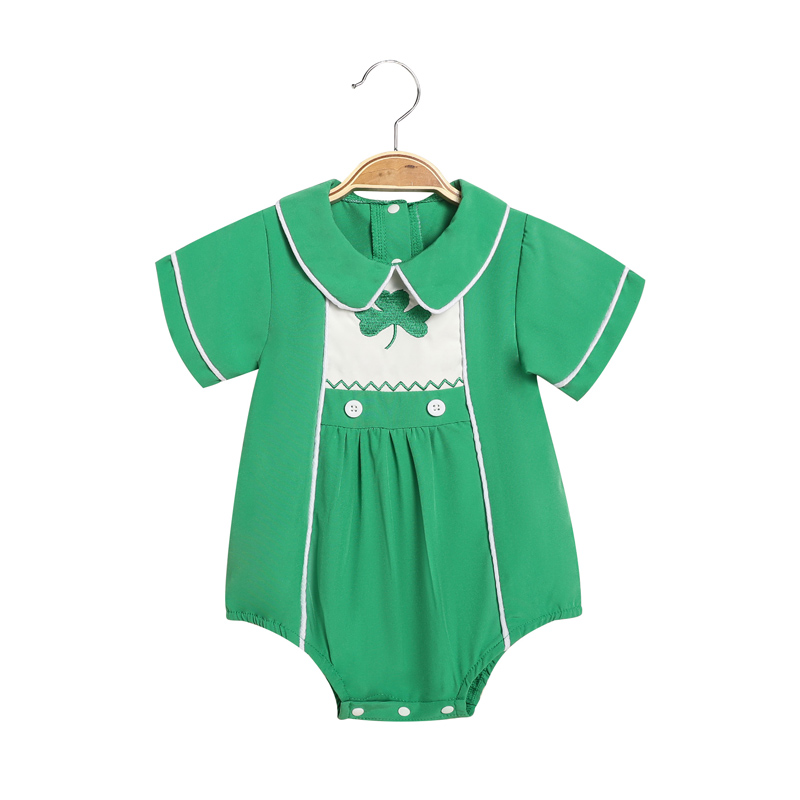 Baby Green Lapel Short Sleeve Romper Clover Print Button Detail Playsuit With Snap Closure