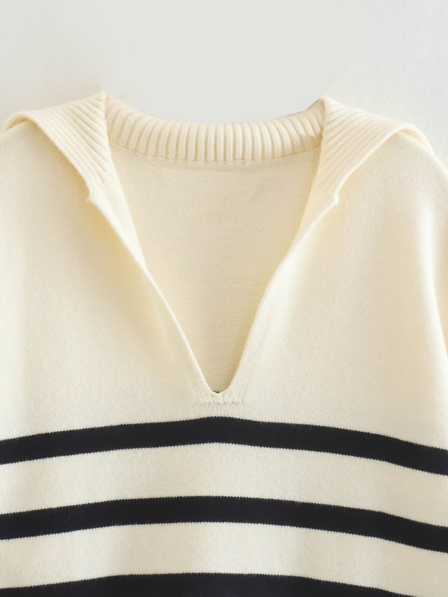 V-shaped Lapel Striped Pullover Sweater