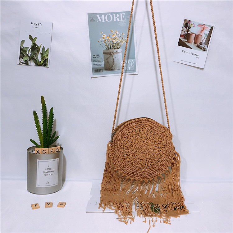 Round Tassel Cotton Thread Bag Cotton Rope Messenger Bag Coffee - Shop at LoveMi