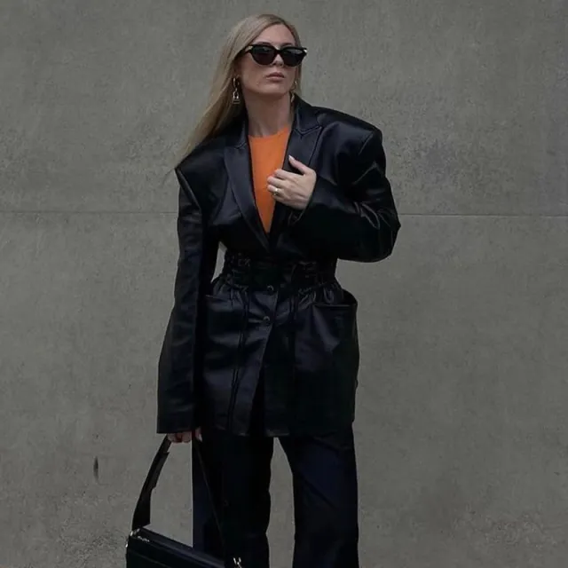 V neck Shoulder Strap Waist Leather Pocket Long Top Coat Black - Shop at LoveMi