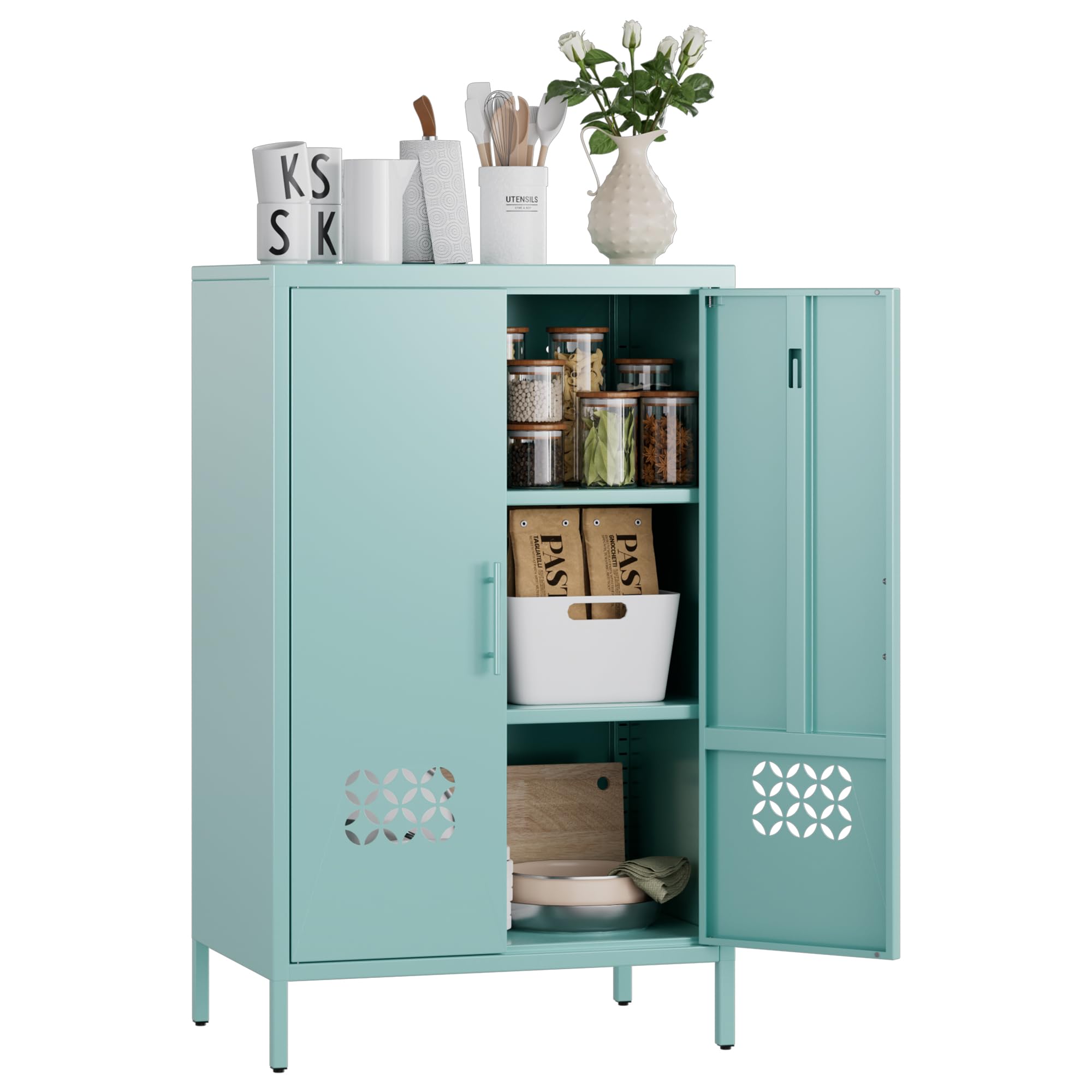 Metal Storage Cabinet, 42inch H Kitchen Pantry Storage Cabinets With 2 Shelves, For Living Room, Home, Required Assembly, Light Blue