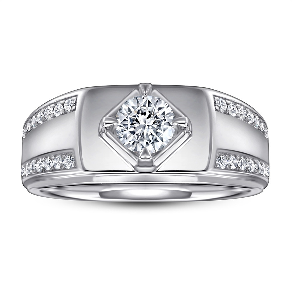 Sterling Silver Men's White Gold Plated 5A Zircon Ring