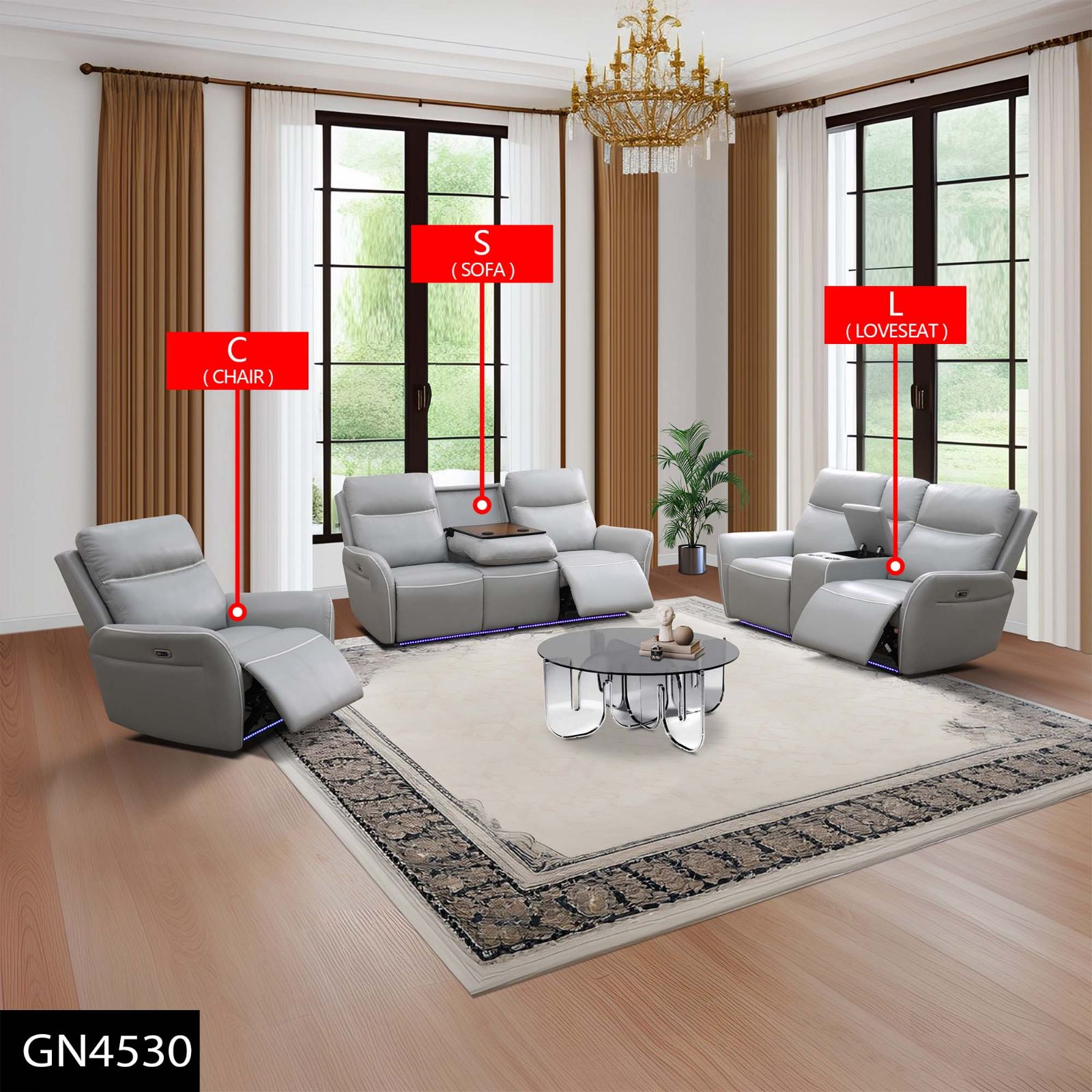 Pickup Only--Light Grey Breathing Leather 3-Piece Living Room Recliner Sofa Set