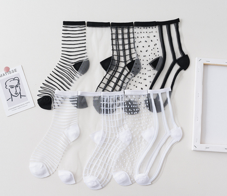 5 Pairs Of Spring And Summer Thin Glass Stockings, Children's Striped Checkered Mid Tube Socks, Minimalist College Style Crystal Stockings