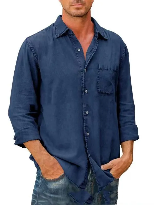 Lapel Solid Color Pocket Single Breasted Shirt Men's Long Sleeve Wash Water Shirt Top Navy Blue - Shop at LoveMi