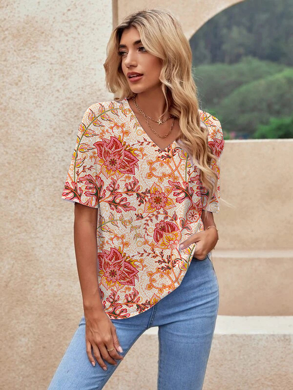 Printed Short Sleeve Urban Loose Casual Women's V Neck T Shirt