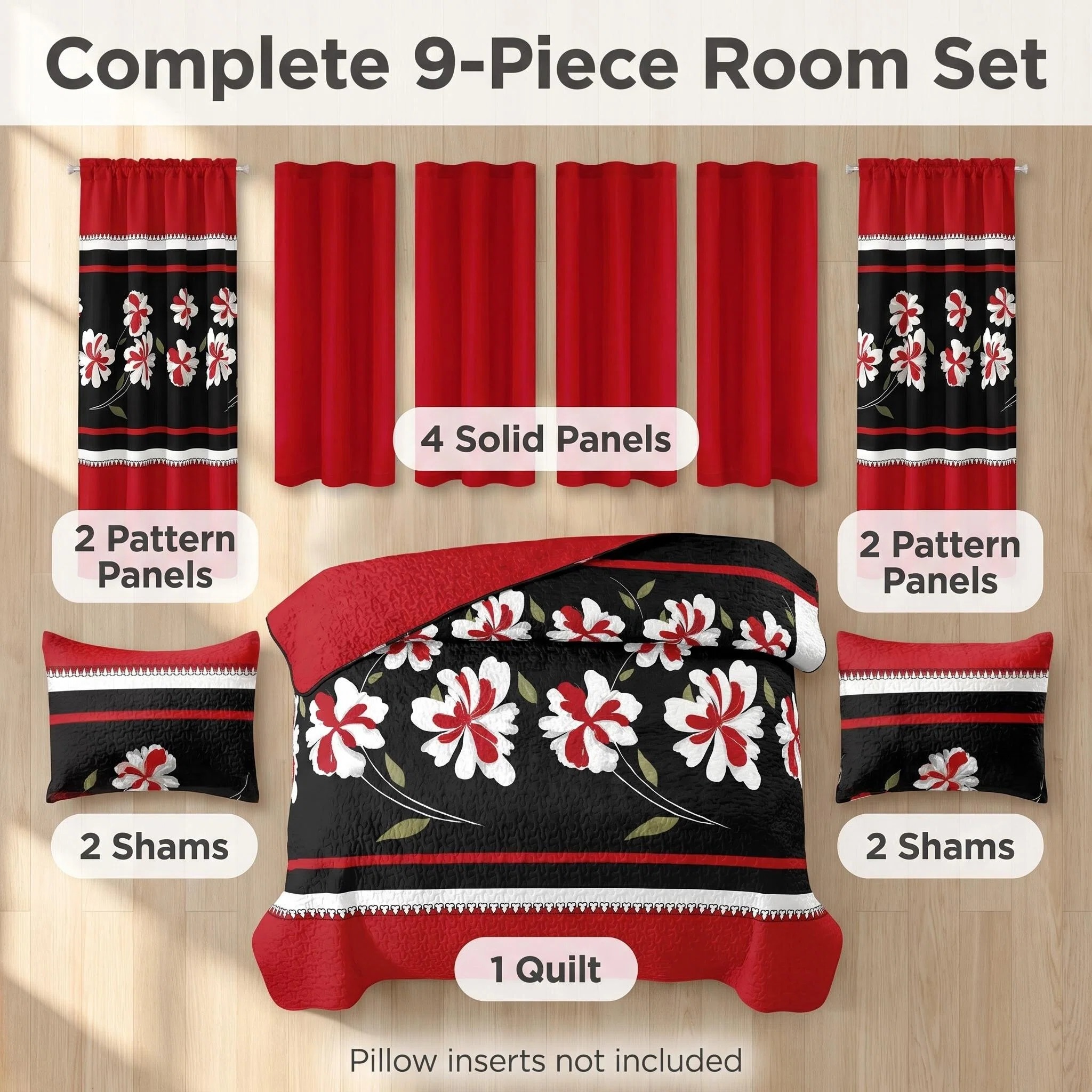 9-Piece Black And Red Floral Bedspread And Curtain Set, Reversible Microfiber Bedding Set For King And California King