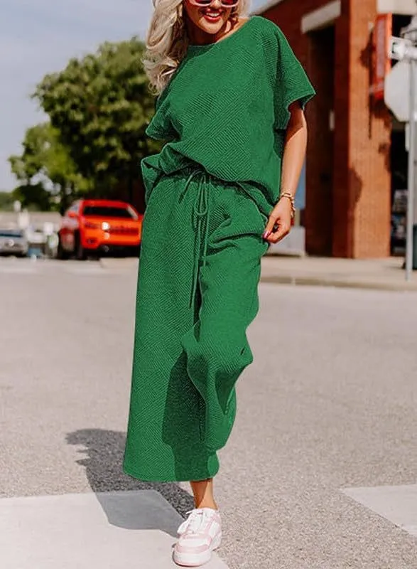 Solid Color Texture Casual Fashion Women's Wear Short sleeved Trousers Two piece Set Green - Shop at LoveMi