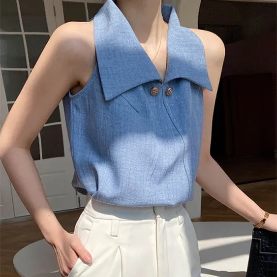 Loose Vest French Design Shirt Denim Blue - Shop at LoveMi