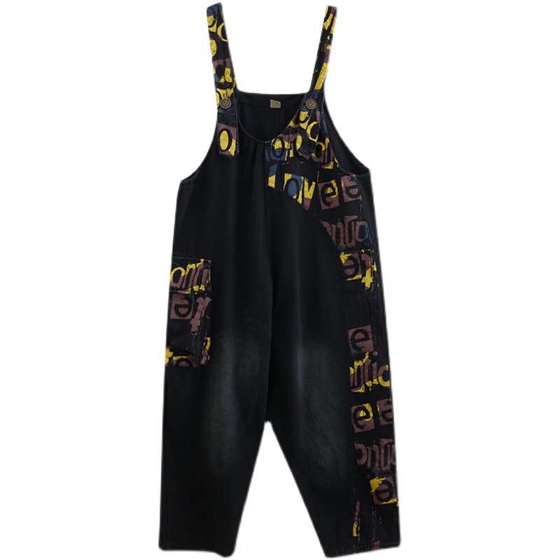 Women’s Fashion Alphabet Print Large Size Denim Overalls