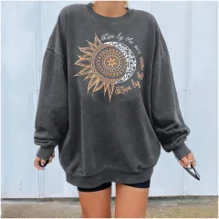 Loose Slimming Chrysanthemum Print Round Neck Long Sleeve Sweater - Grey Sun Flower - View 1
