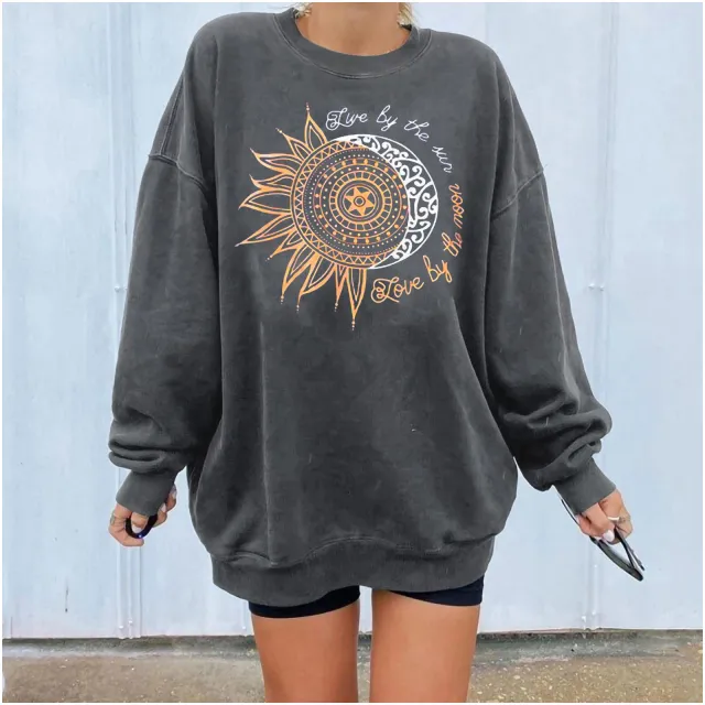 Loose Slimming Chrysanthemum Print Round Neck Long Sleeve Sweater Gray Sun Flower - Shop at LoveMi