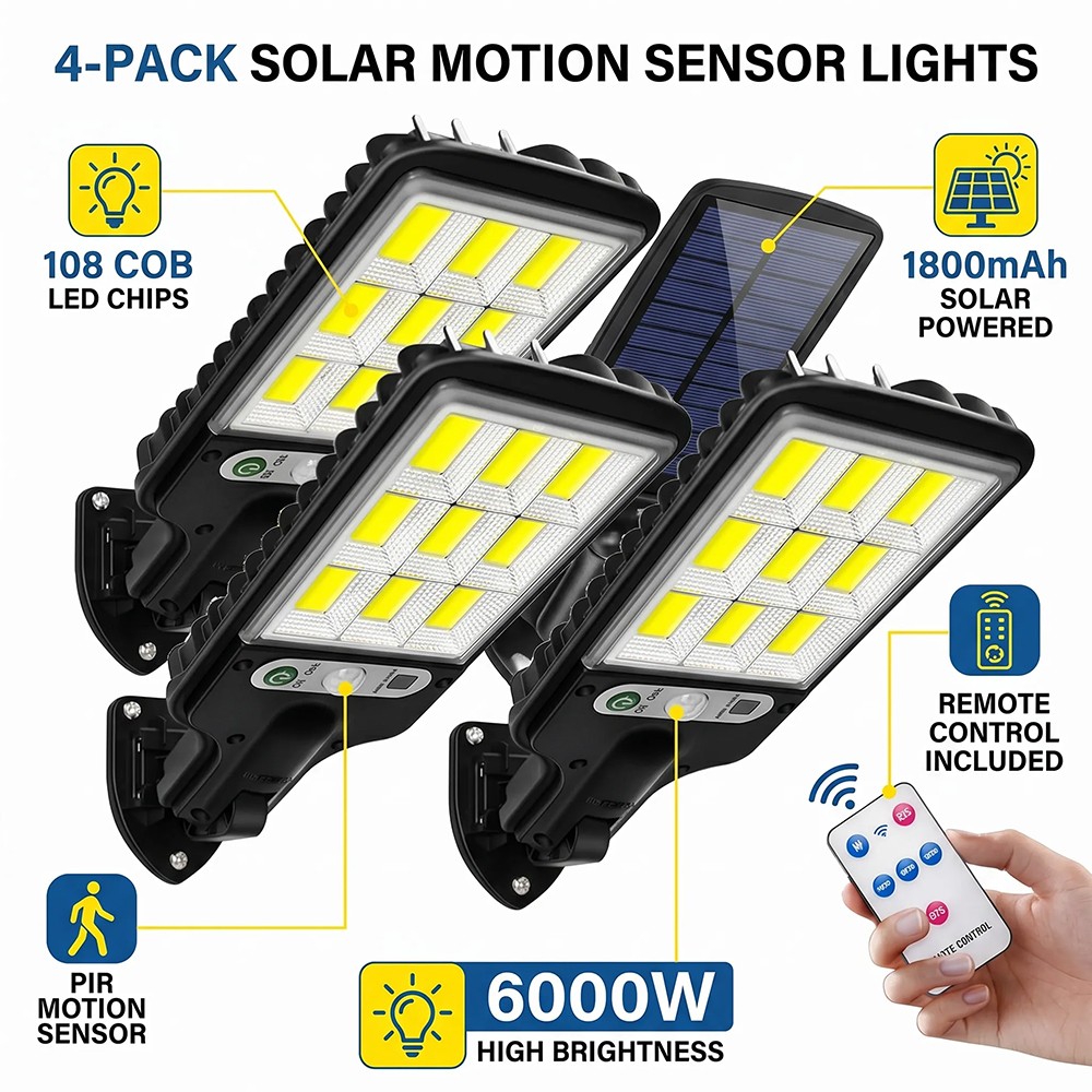 4PCS 6000W LED Solar PIR Motion Sensor Wall Light Security Garden Lamp WRemote — image 3