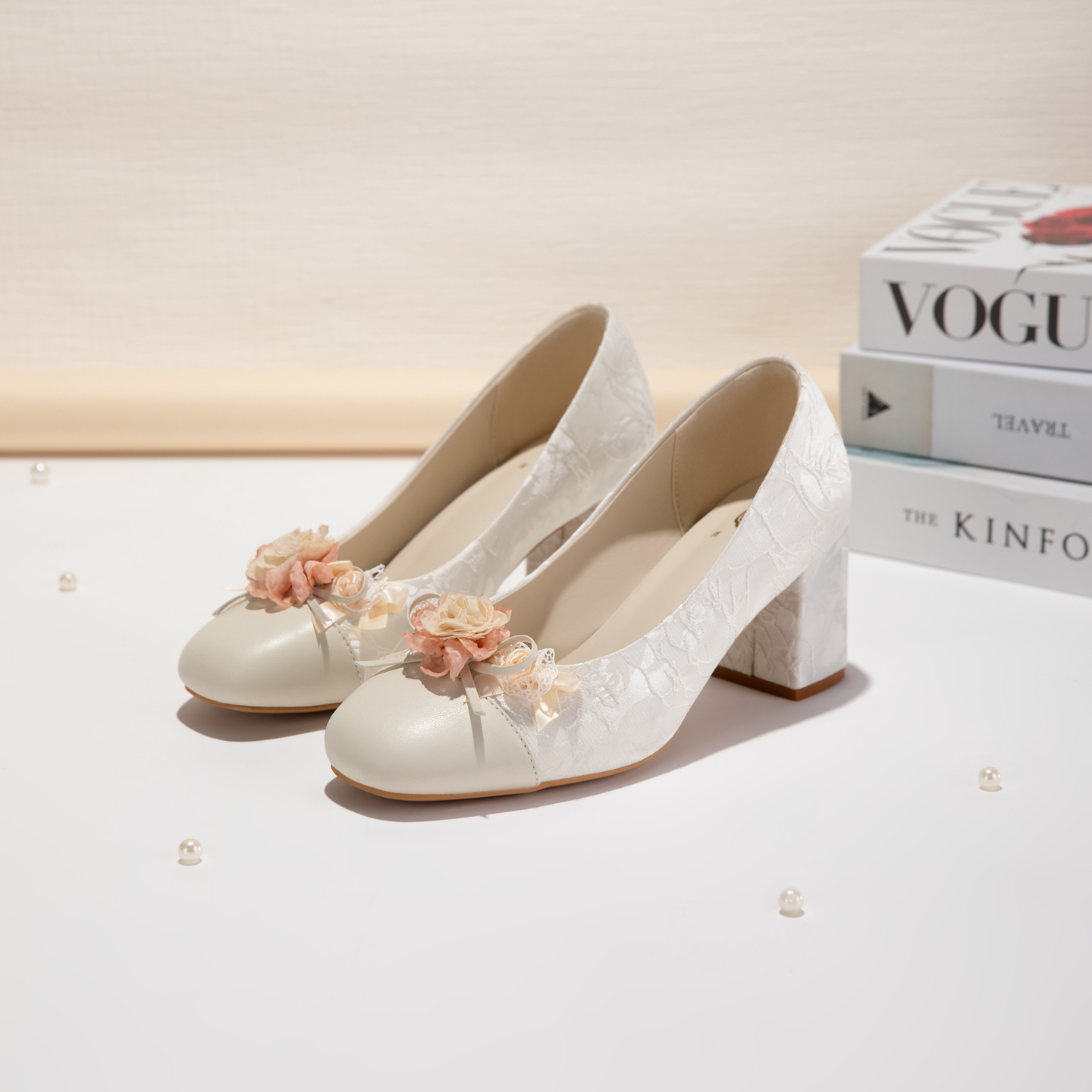 White Floral Block Heel Pumps, Elegant Square Toe Jacquard Women's Dress Shoes