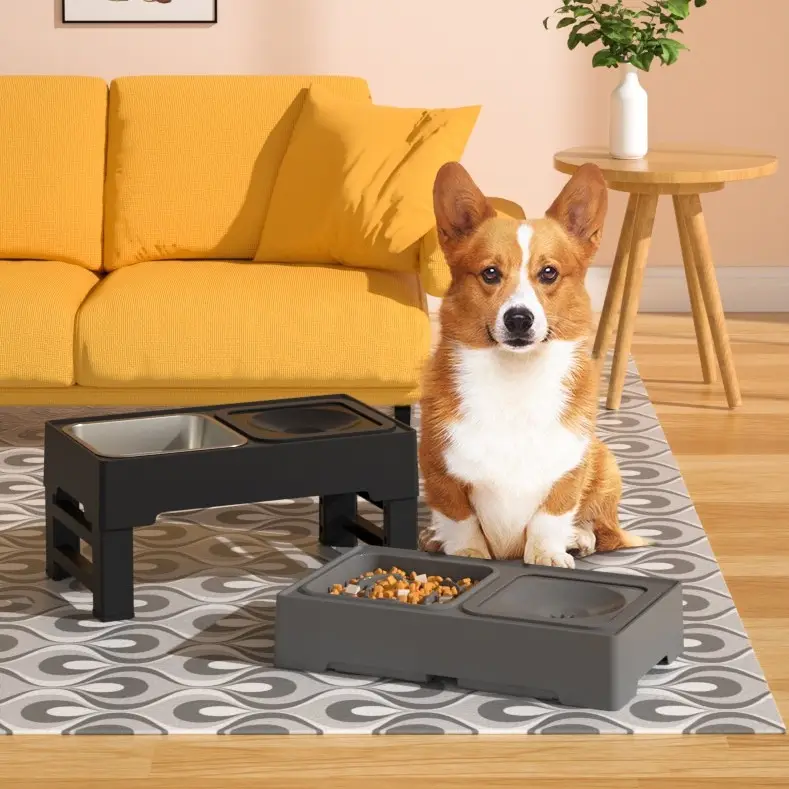 Dog Double Bowls Stainless Stand Adjustable Height Pets Feeding