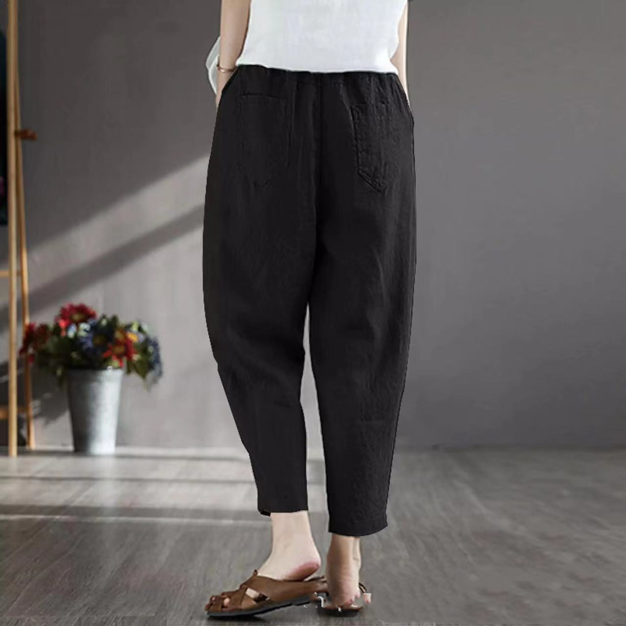 High Waist Cotton And Linen Cropped Trousers Harlan Plus Size Casual Pants Women