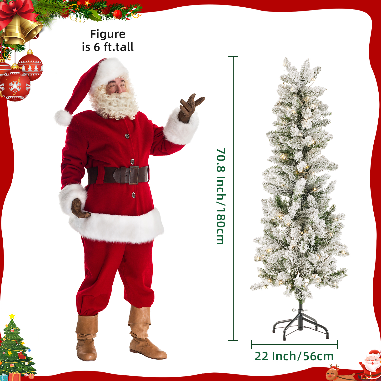 Pencil Christmas Tree, Prelighted Artificial Slim Christmas Trees With 250 Incandescent Lights, 571 Branch Tips & Foldable Base image 4