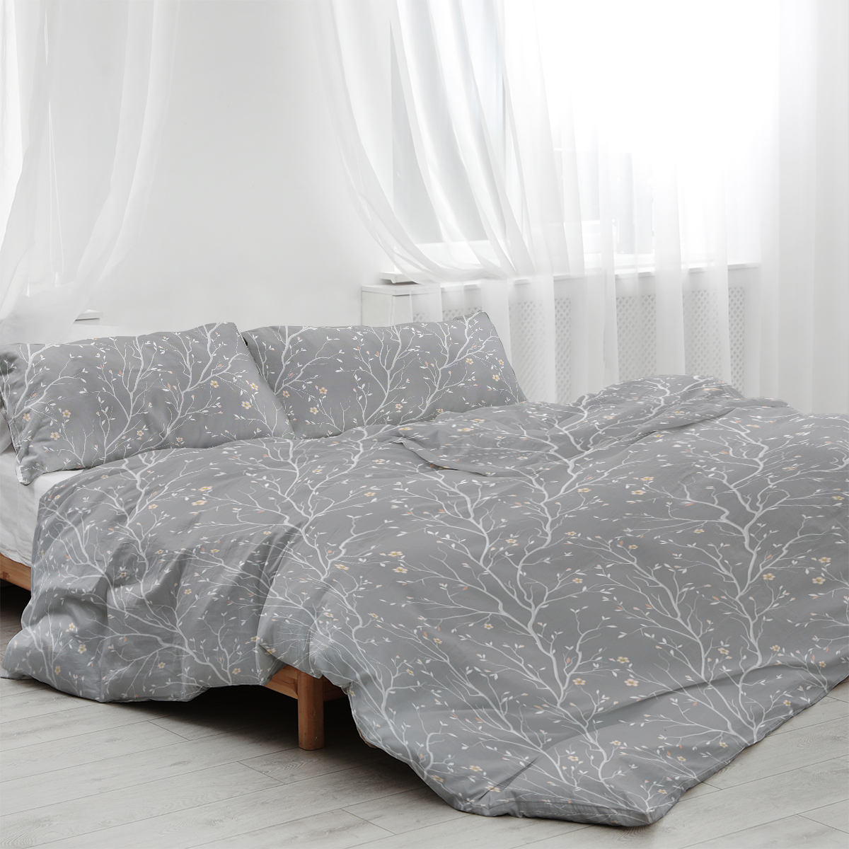 Grey Bed Set, 3 Pieces Branches Bedding, 1 Soft Reversible Botanical Flowers Comforter And 2 Pillow Shams