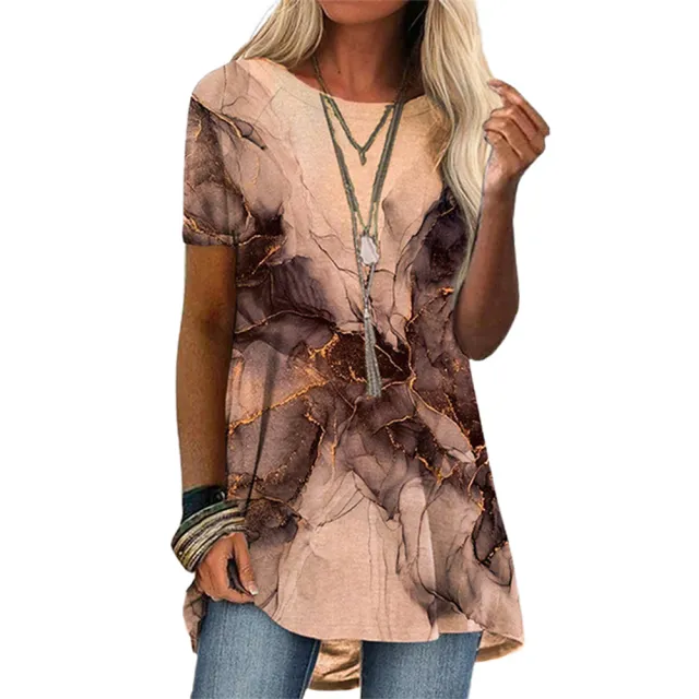 Round Neck Casual Ethnic Vintage Print Short Sleeve T Shirt Natural Marble S - Shop at LoveMi