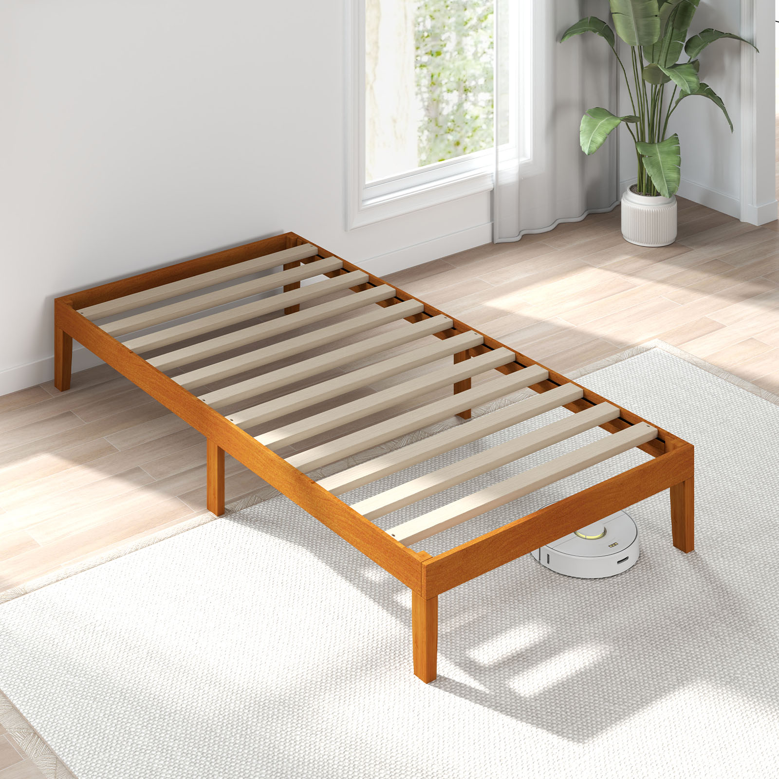 No Need For A Mattress Core. Wooden Platform Bed Frame, With Support Crossbars, And A Mattress Base Made Of Natural Pine Wood.