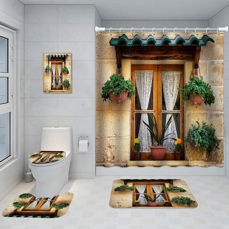 Bathroom Five-piece Set, Shower Curtain, Three-piece Mat Set, Aluminum Alloy Decorative Painting