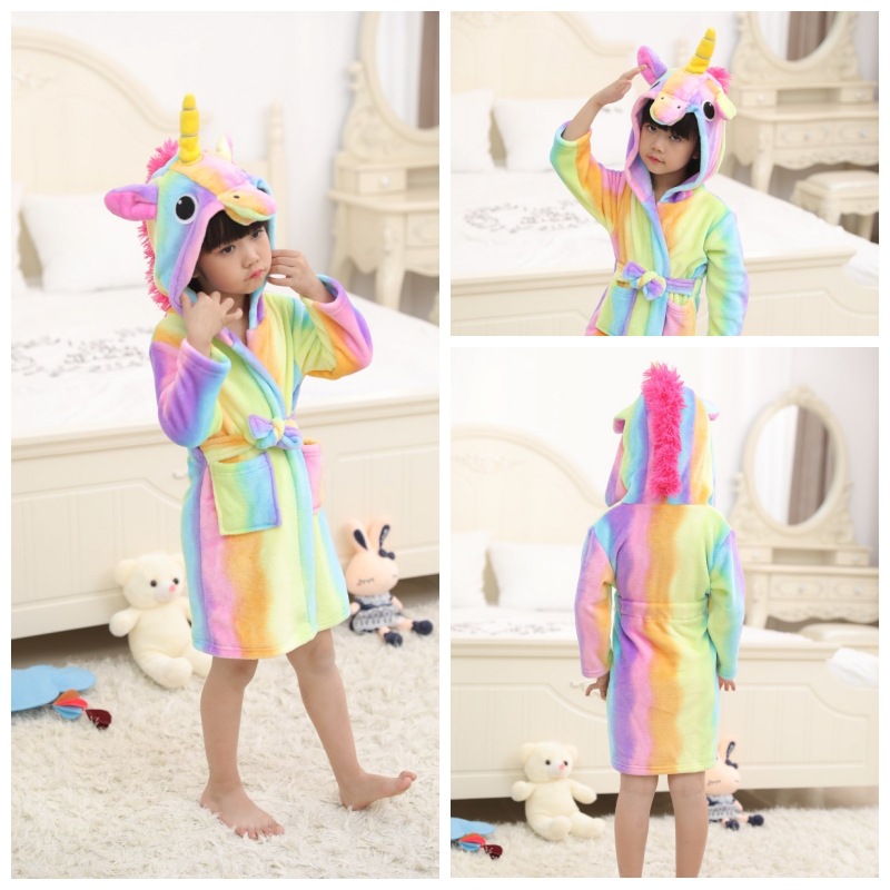 Flannel Bright Rainbow Pegasus Hooded Bathrobe
