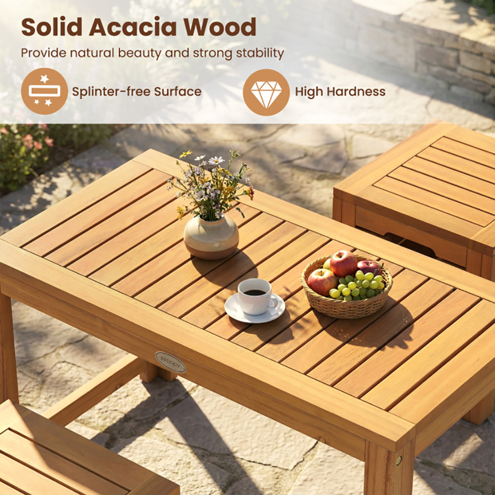 Acacia Wood Outdoor Coffee Table With Stools Set Of 2 3 Pieces Patio Table And Stools Set For Balcony, Patio, Porch, Garden And Other Limited Space