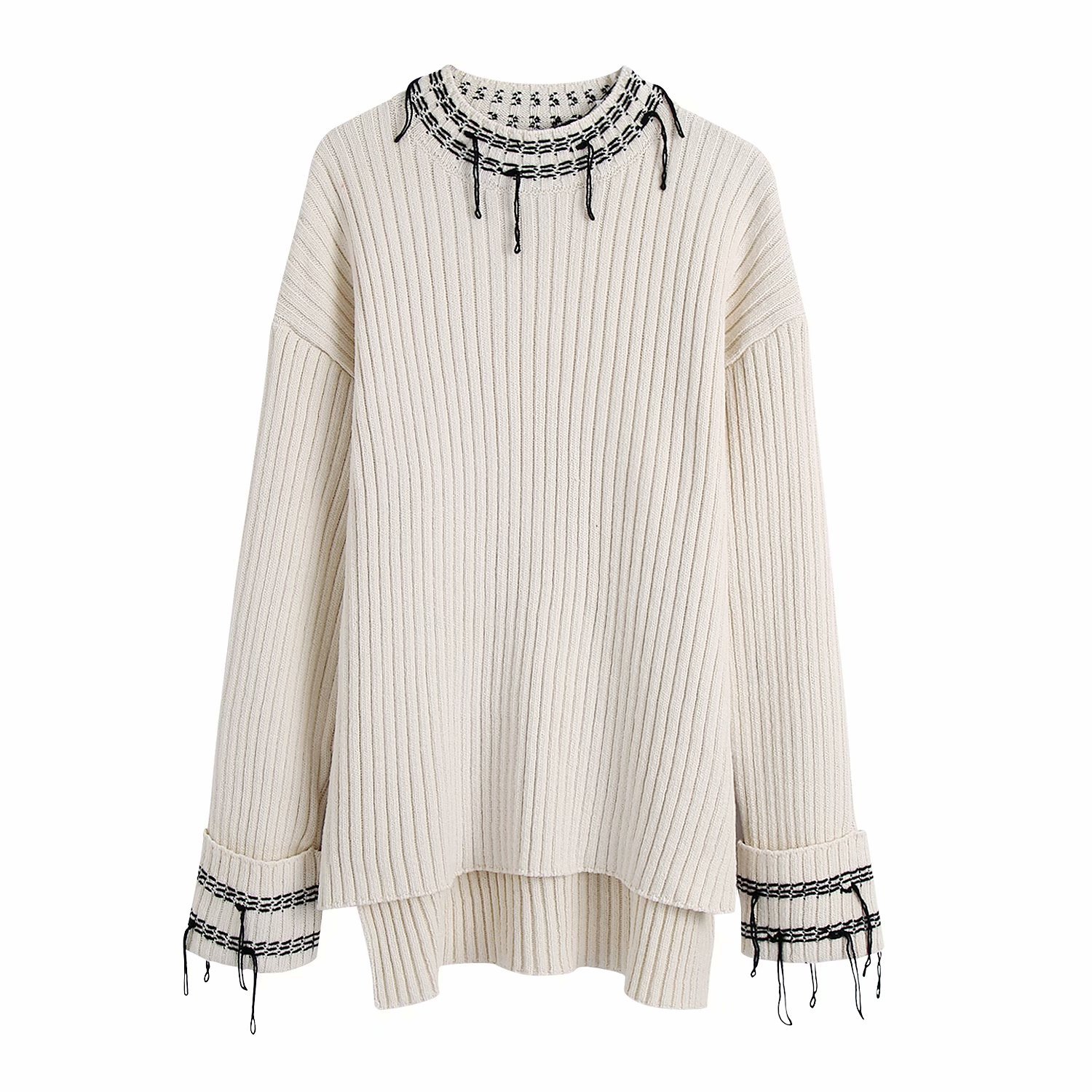 Slimming Front Slit A Line Skirt Women Long Sleeved Round Neck Stitched Knitted Sweater